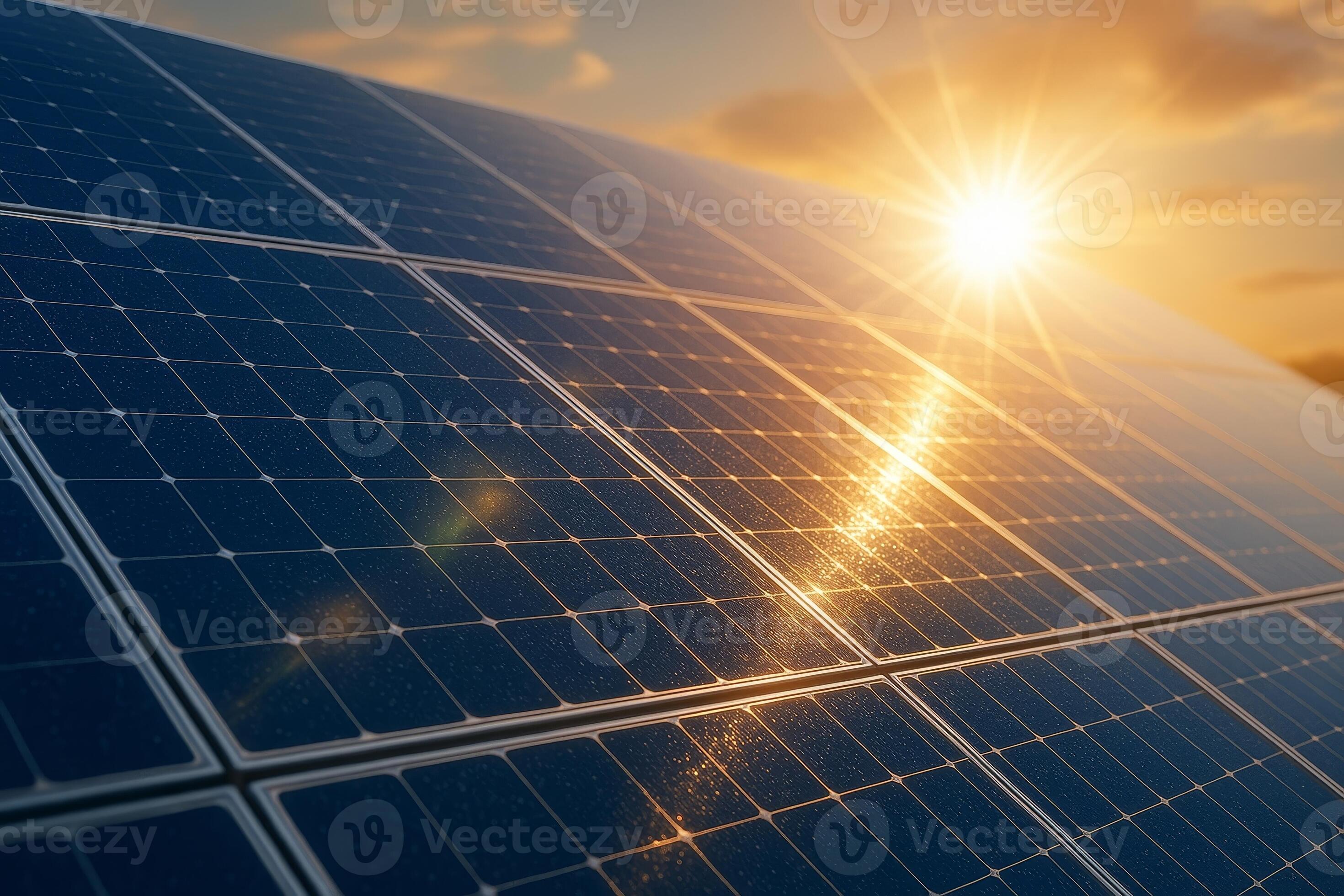 Close-up of solar panels reflecting sunset light